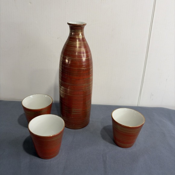 Other - Vintage Japanese Ceramic Sake Set Red Gold Striped 4 Piece Tokkuri Ochoko MCM